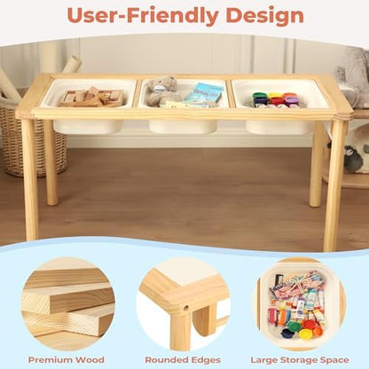 Sand and Water Table for Toddlers with 3 Storage Bins, Wooden Activity Table with Double-Sided Boards, Sensory Table, Indoor & Outdoor Use