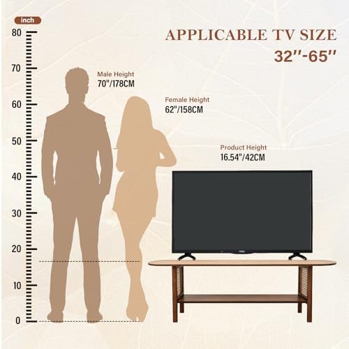Tiita Walnut TV Stand for 65-Inch TVs, 2 Open Shelves, Rattan Media Console