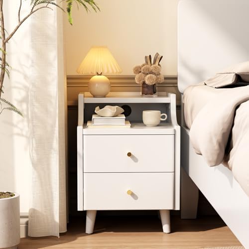 Narrow Nightstand with 2 Drawers,Solid Wood Bedside Table,White Nightstand