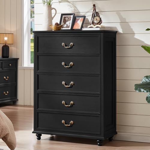 Joaxswe Farmhouse 5 Drawer Dresser for Bedroom, 45" Tall Rustic Chests of Drawers w/ 4 Solid Wood Feet, Mid Century Modern Wooden Closet Storage Dressers Organizer for Living Room, Hallway, Black