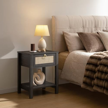 SICOTAS Rattan Nightstand with Storage Shelf, Boho Bedside Table End Table