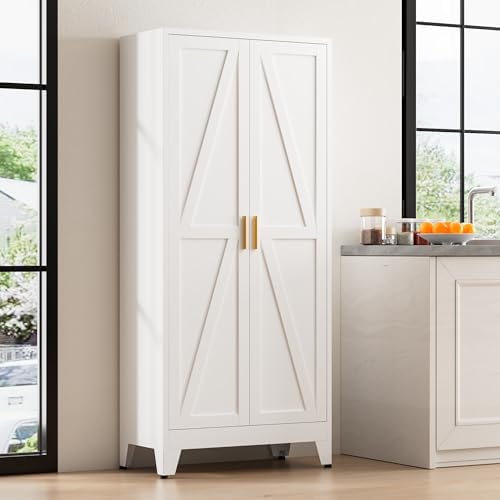 61" Tall Metal Pantry Cabinet, Kitchen Storage Cabinet with 2 Doors and 3 Adjustable Shelves for Kitchen, Living Room, Dining Room, Bathroom and Home, Office
