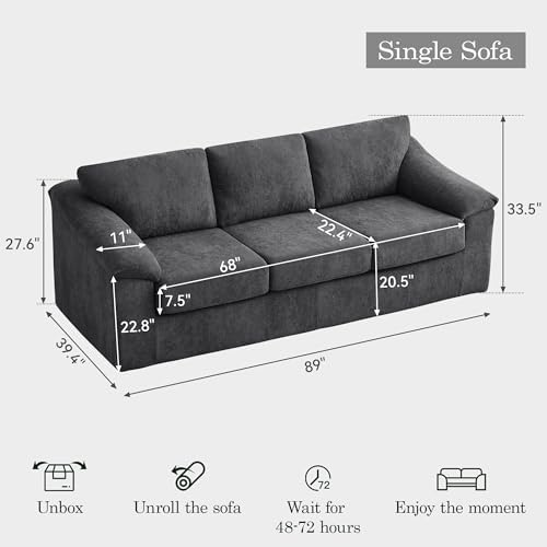 89" Boneless 3 Seater Sofa, Modern Cloud Couch for Living Room, 3 Seat Couch with Deep Seat, Thick Cushion, Comfy Upholstered Sofa for Apartment, Bedroom, No Assembly, Dark Gray