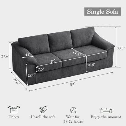 89" Boneless 3 Seater Sofa, Modern Cloud Couch for Living Room, 3 Seat Couch with Deep Seat, Thick Cushion, Comfy Upholstered Sofa for Apartment, Bedroom, No Assembly, Dark Gray