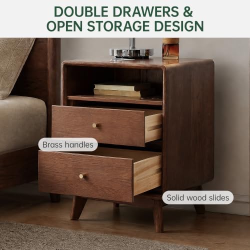 100% Solid Wood Nightstand, Walnut Nightstands with Open Storage & 2 Drawers, Mid Century Modern Nightstands, 24" H Tall Night Stand, Wooden Bedside Table for Bedroom