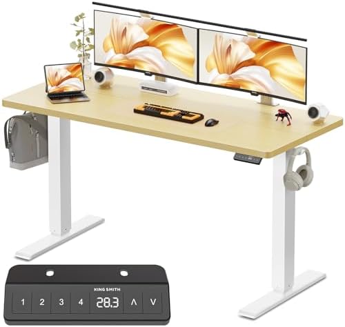 48x24 Inches Height Adjustable Electric Standing Desk with 2 Hooks for Home Office, Ergonomic Sit Stand up Desk with Splice Board, Oak