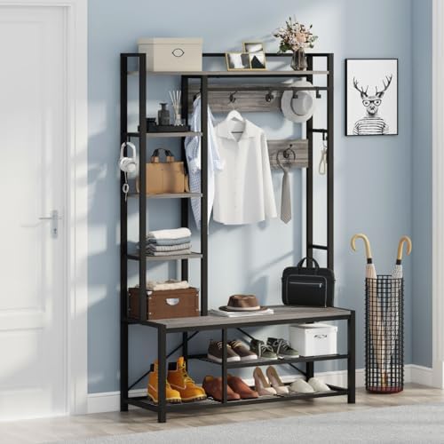 Hall Tree with Bench and Shoe Storage, Entryway Bench with Coat Rack, Wooden Metal Coat Tree with Hooks, 5 in 1 Multifunctional Shoe Benches and Wall Rack (Dark Gray Oak)