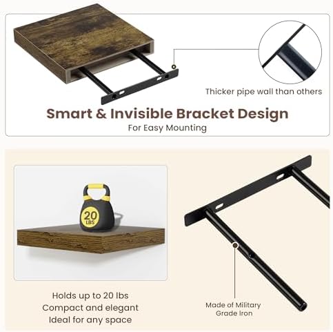 Floating Shelves for Wall - 7.5 Inch Square Shelves with Invisible Brackets, Small Wall Shelf for Living Room, Bathroom, Bedroom, and Kitchen Decor Brown Set of 3