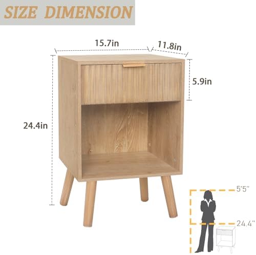 Fluted Night Stand, Modern Bedside Table with Drawer and Open Shelf