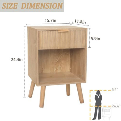 Fluted Night Stand, Modern Bedside Table with Drawer and Open Shelf