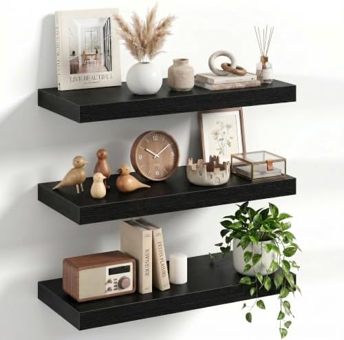 20" Floating Shelves for Wall, Set of 3, 8" Deep, 1.5" Thick, Black
