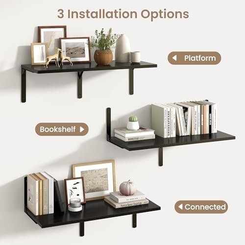 Floating Shelves for Wall, 12 Inch Deep Floating Shelves Set of 2, Wall Mounted Shelf with Metal Brackets, Rustic Wood Wide Shelf for Bathroom, Kitchen and Living Room, Black, 32W x 12D