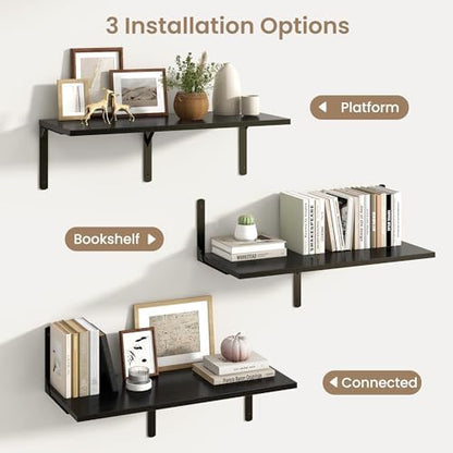 Floating Shelves for Wall, 12 Inch Deep Floating Shelves Set of 2, Wall Mounted Shelf with Metal Brackets, Rustic Wood Wide Shelf for Bathroom, Kitchen and Living Room, Black, 32W x 12D