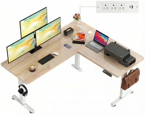 farexon 63x55 Inch L Shaped Standing Desk with Outlets, Electric Adjustable Height Stand Up Desk, Corner sit Stand Desk with Mouse Pad, Hook, Home Office Writing Gaming Computer Workstation, Oak Grey