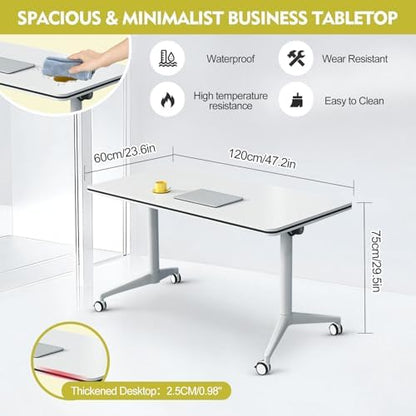 Folding Conference Table Modern Large Mobile Meeting Table Rolling Conference Room Tables with Wheels Seminar Tables for Office Training Classroom (4, White, 47.2" D X 23.6" W X 29.5" H)