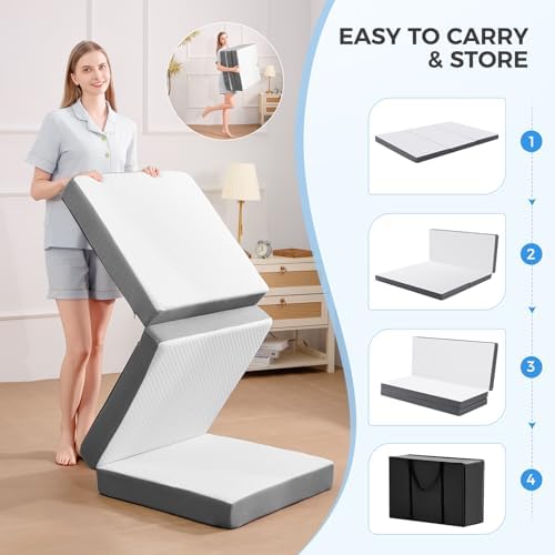MASVIS Trifold Mattress, 3 Inch Memory Foam Foldable Mattress with Washable Cover, Tri-Folding Floor Bed for Camping, Twin