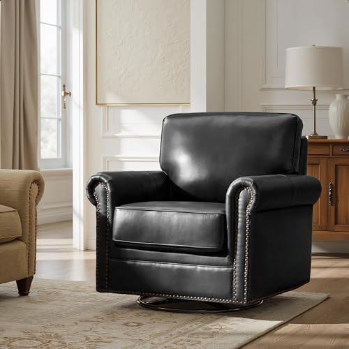 HULALA HOME Genuine Leather Swivel Rocker Chair with Nailhead Trims, Black