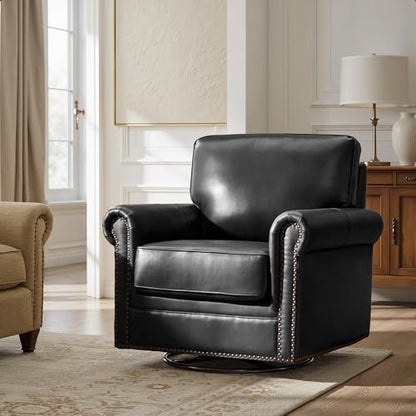 HULALA HOME Genuine Leather Swivel Rocker Chair with Nailhead Trims, Black