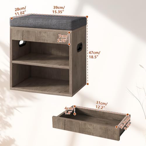 Small Shoe Storage Bench with Cushion and Drawer, Silver Gray