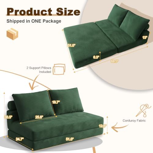 Folding Sofa Bed, 3-in-1 Convertible Sleeper Chair Bed with Pillows, Foldable Boneless Couch with High-Density Foam, Futon Floor Couch for Living Room Bedroom Lounge, Loveseat, Green
