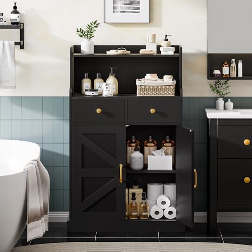 Farmhouse Bathroom Storage Cabinet with 2 Drawers & 2 Doors, Kitchen Cabinet Cupboard with Adjustable Shelves, Floor Storage Cabinet for Kitchen/Living Room/Bedroom, Black