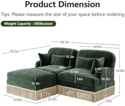 69.2" L Shaped Modular Loveseat Sofa with Ottoman, Forest Green Chenille Couch with Tassel Trim, Deep Seat Upholstered Sectional for Living Room, Apartment and Cozy Lounge Seating