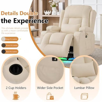 URRED Swivel Rocker Recliner Chair with LED Ambient Lights for Adults，Ivory