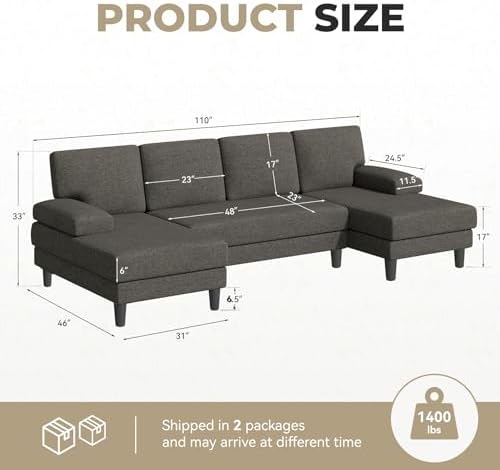 U-Shaped Sectional Sofa for Living Room, Modern Modular Sofa with Double Chaise, Classic Lounge Couch Sleeper for Apartment, Espresso