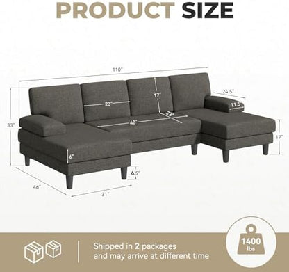 U-Shaped Sectional Sofa for Living Room, Modern Modular Sofa with Double Chaise, Classic Lounge Couch Sleeper for Apartment, Espresso