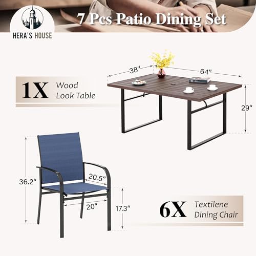 HERA'S HOUSE 7pc Outdoor Patio Dining Set, Wood-Look Metal Table, Blue
