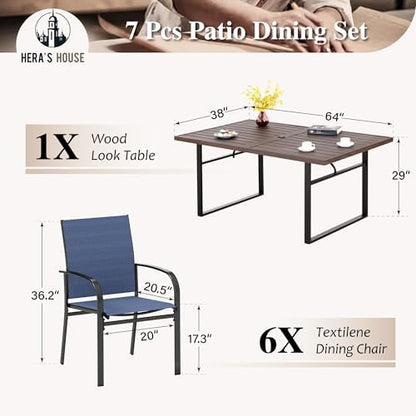 HERA'S HOUSE 7pc Outdoor Patio Dining Set, Wood-Look Metal Table, Blue