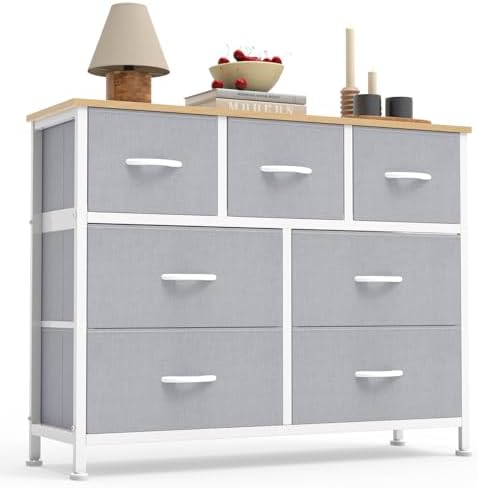 Sweetcrispy 7 Drawer Dresser for Bedroom Storage, Fabric Bins, Light Grey