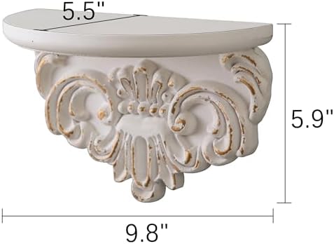 European Floating Wood Shelf with Distressed Scroll Carving, 10" L
