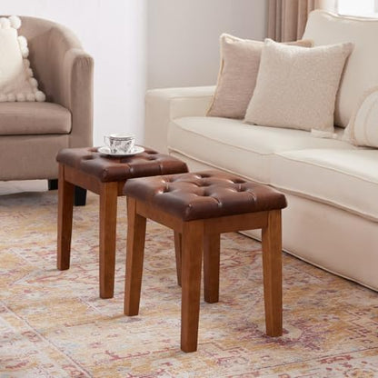 Ottoman Vanity Wooden Stool with Padded Seat, Faux Leather Brown