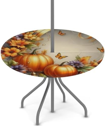 Pumpkin Outdoor Round Fitted Tablecloth with Umbrella Hole Zipper 36-44