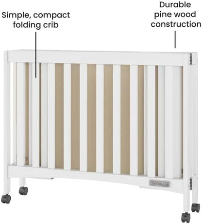 Child Craft London Mini Compact Folding Portable Crib with 2” Crib Mattress and 2 Easy Roll Locking Wheels, Durable Pine Wood Construction (Matte White)