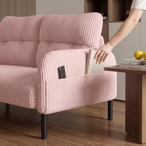 47" Corduroy Loveseat Sofa, 2 Seater Couch with Side Pockets, Pink