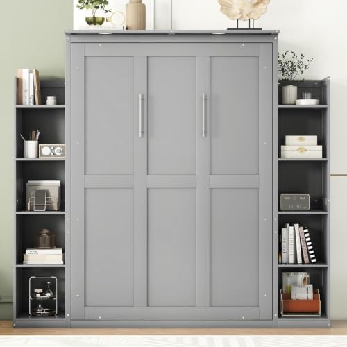 MERITLINE Full Murphy Bed with Storage Shelves and LED Lights, Wood Murphy Wall Bed Cabinet with Bookshelves Bookcase for Home Office Library Grey (Grey A,Full)