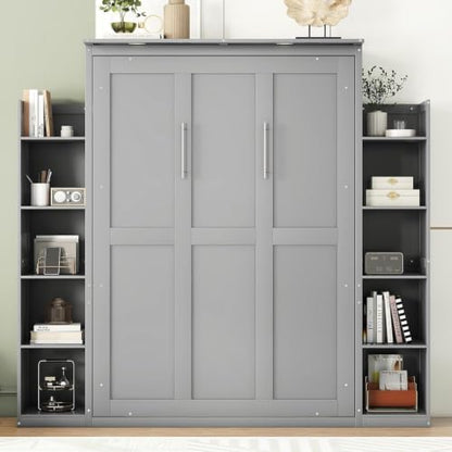 MERITLINE Full Murphy Bed with Storage Shelves and LED Lights, Wood Murphy Wall Bed Cabinet with Bookshelves Bookcase for Home Office Library Grey (Grey A,Full)