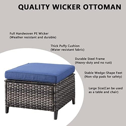 Rilyson Luxury 4 Pieces Patio Wicker Furniture Set, Outdoor Rattan Bistro Set with Rocking Swivel Chair, Ottoman and Thickened Cushions (Grey/Blue)