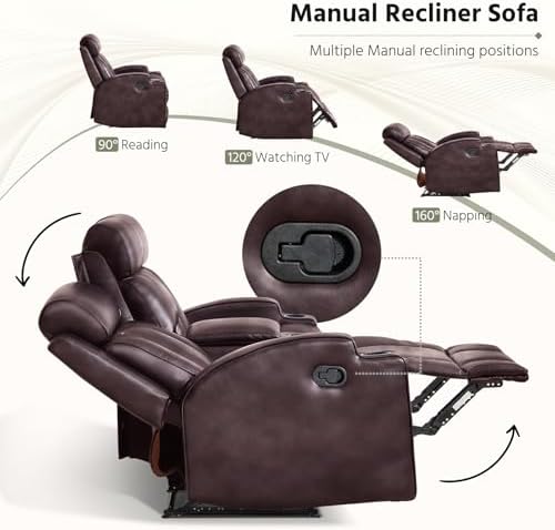 HAOMARKETS Premium Pu Leather Manual Recliner Sofa, Overstuffed 3-Seater Couch with Cup Holders and Padded Backrests, Heavy Duty Reclining Couches for Living Room, Dark Brown