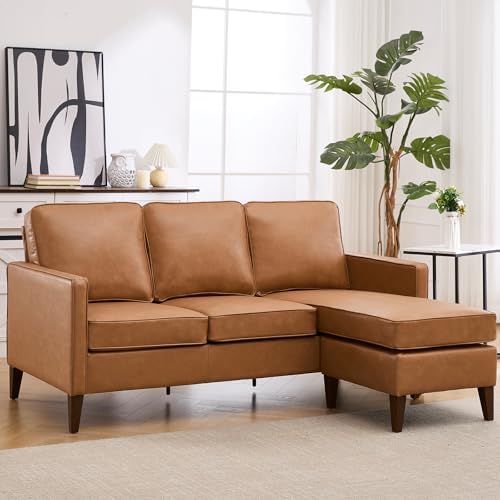 Faux Leather L Shaped Couch with Solid Wood Feet, 3-Seater Sofa with Reversible Chaise for Apartment, Sectional Couches for Living Room, Cognac Brown