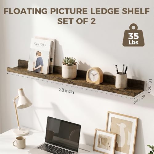 Picture Ledge Shelf, 28'' Brown Floating Shelves with Lip Set of 2