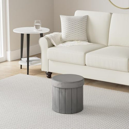 Phantoscope Storage Ottoman Round15 Inch, Velvet Folding Storage Boxes Footrest Foot Ottoman Toy Box, Padded Seat for Dorm Living Room Bedroom, Support 220lbs Grey