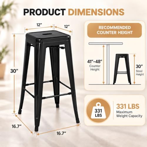 Yaheetech 30 Inch Metal Bar Stools Set of 4, Stackable Barstools, Black