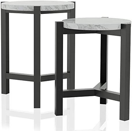 HOMES: INSIDE + OUT Confair Contemporary 2-Piece 20 in. Round Faux Marble Top Nesting Table Set for Living, Reception Room, Home Office, Brushed Brown Gray