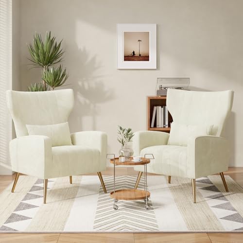 Nebuaegis Velvet Accent Chair Wingback for Living Room, High Back Arm Chair with Golden Legs Lumbar Pillow, Upholstered Single Sofa Bedroom Beige