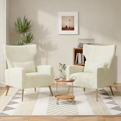 Nebuaegis Velvet Accent Chair Wingback for Living Room, High Back Arm Chair with Golden Legs Lumbar Pillow, Upholstered Single Sofa Bedroom Beige