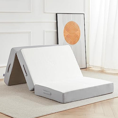Lazyzizi Folding Mattress,Memory Foam Tri-fold Mattress with Breathable & Washable Bamboo Fiber Fabric Cover, Foldable Floor Guest Bed for Camping, Road Trip, 6Inch TwinXL