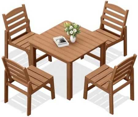 HDPE Outdoor Dining Set, Patio Square Table and 4 Stackable Chairs, Teak